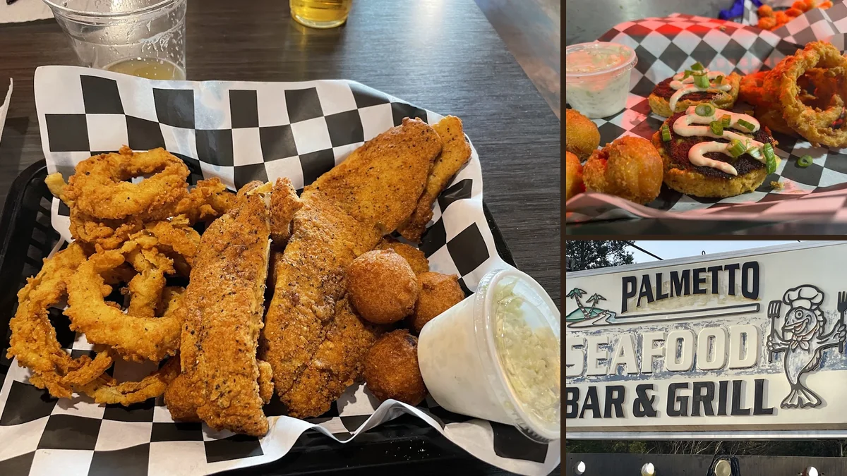 Golden fried seafood served with simple sides.