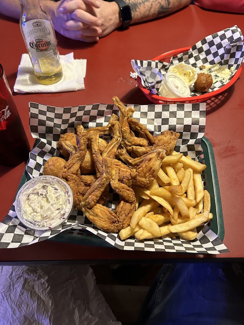 Menu page listing fried seafood and sandwiches.