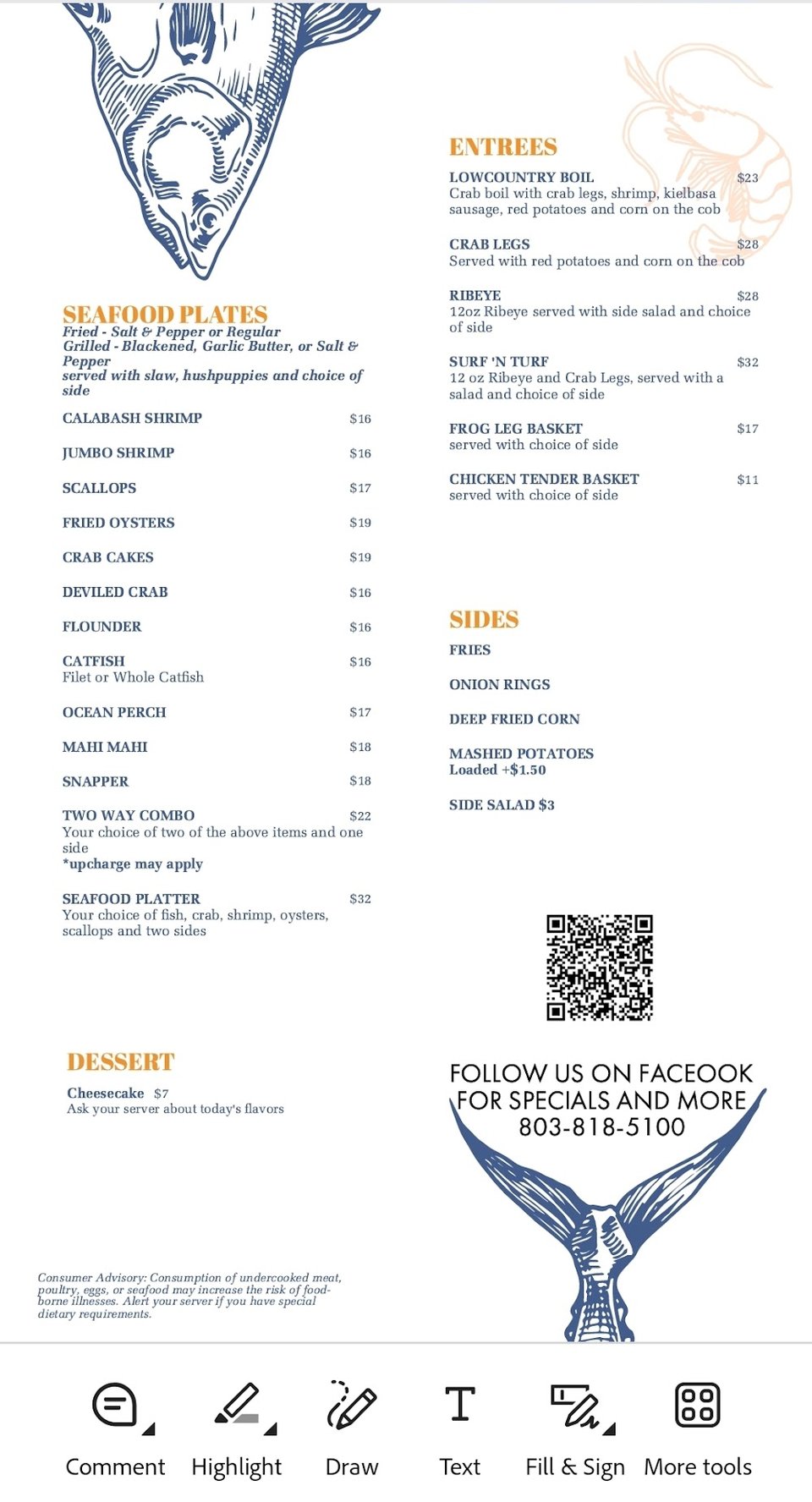 Appetizer and basket sections on a restaurant menu.