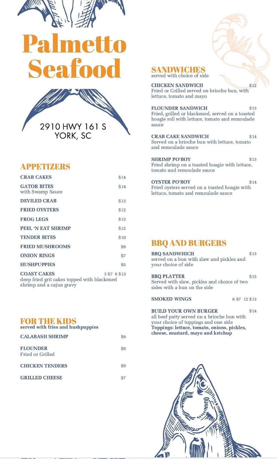Simple menu with shrimp, fish, and chicken dishes.