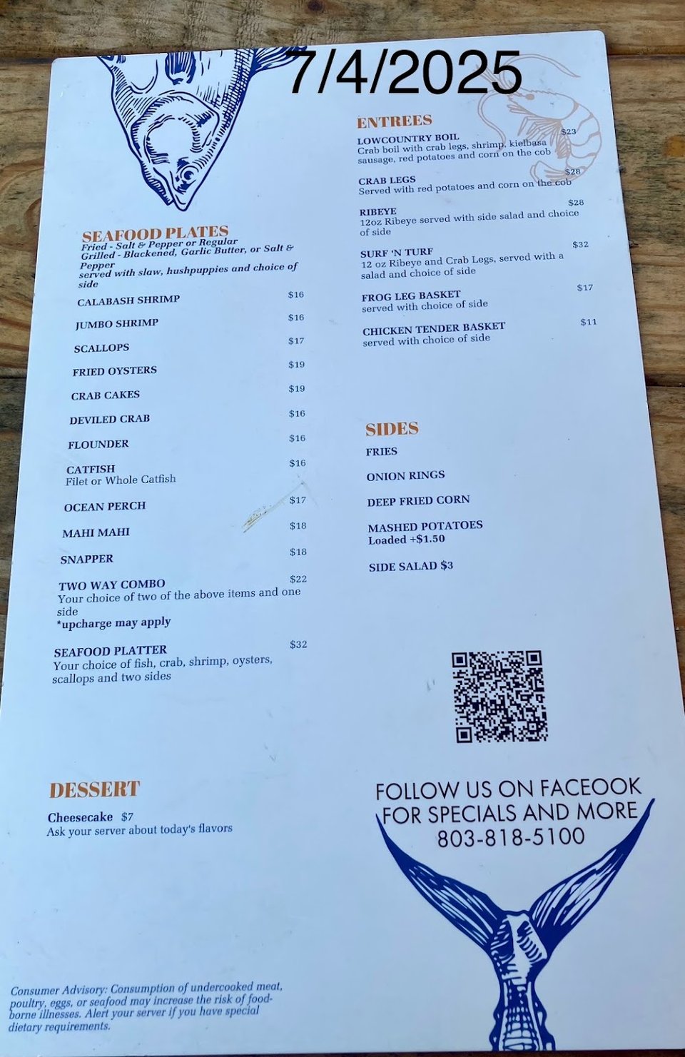 Printed seafood menu with dinner baskets.