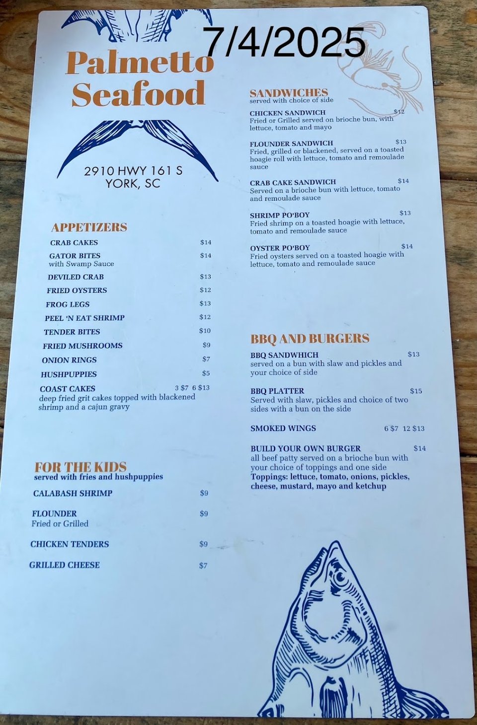 Menu page listing fried seafood and sandwiches.